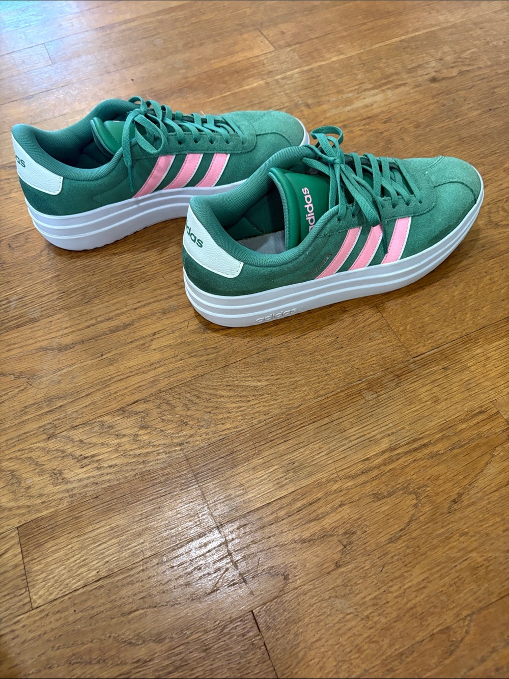 adidas Green Sneakers with Pink Stripes and White Platform